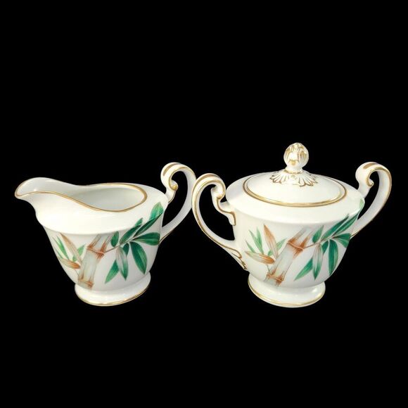 Noritake Canton Creamer Sugar‎ Bowl With Lid Set Gold Trim Bamboo Japan Vtg READ - Picture 1 of 11